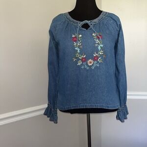 New Directions Floral Embroidered Top Size Small Blue Cotton Tie Neck Denim
